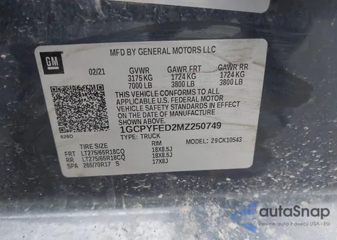 2021 Chevrolet Silverado 1500 4Wd Short Bed Lt Trail Boss z USA, uszkodzony, nr VIN 1GCPYFED2MZ250749